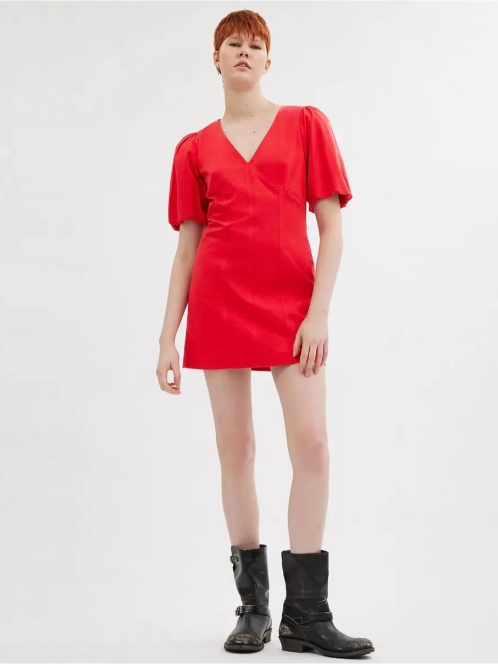 🆕 Coach Red Puff Sleeve V-Neck Mini Dress Size 0 Cotton Blend